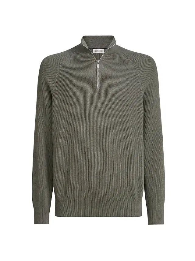 Brunello Cucinelli Men's Cotton English Rib Sweater with Half Zip and Raglan Sleeves - Khaki
