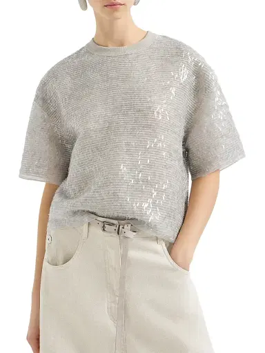Brunello Cucinelli Women's Dazzling Cascade Embroidery T-Shirt in Crispy Silk | Thumbnail 2 Brunello Cucinelli Women's Dazzling Cascade Embroidery T-Shirt in Crispy Silk | Thumbnail 2
