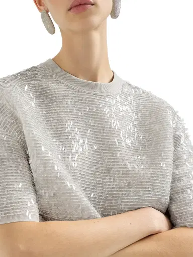 Brunello Cucinelli Women's Dazzling Cascade Embroidery T-Shirt in Crispy Silk | Thumbnail 5 Brunello Cucinelli Women's Dazzling Cascade Embroidery T-Shirt in Crispy Silk | Thumbnail 5