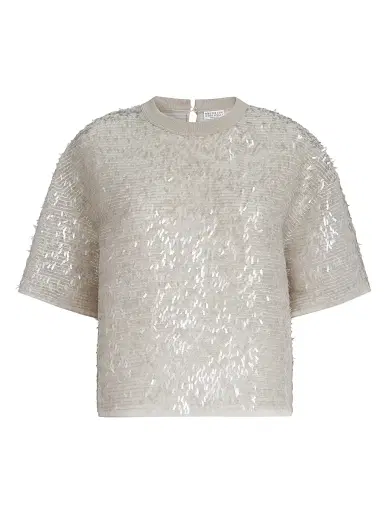 Brunello Cucinelli Women's Dazzling Cascade Embroidery T-Shirt in Crispy Silk | Thumbnail 1 Brunello Cucinelli Women's Dazzling Cascade Embroidery T-Shirt in Crispy Silk | Thumbnail 1