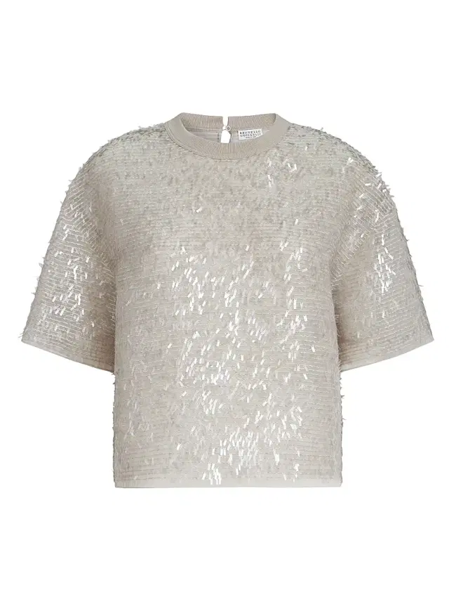 Brunello Cucinelli Women's Dazzling Cascade Embroidery T-Shirt in Crispy Silk