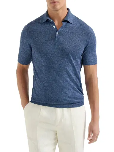 Brunello Cucinelli Men's Linen and Cotton Knit Polo Shirt | Thumbnail 2 Brunello Cucinelli Men's Linen and Cotton Knit Polo Shirt | Thumbnail 2