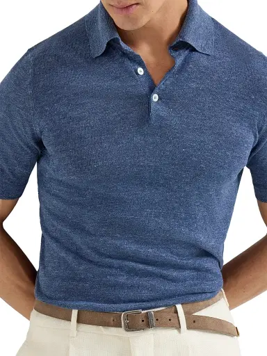 Brunello Cucinelli Men's Linen and Cotton Knit Polo Shirt | Thumbnail 5 Brunello Cucinelli Men's Linen and Cotton Knit Polo Shirt | Thumbnail 5
