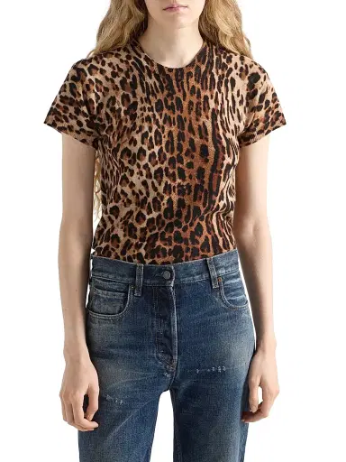 Prada Women's Short-Sleeved Printed Cashmere Sweater - Brown Black - Size 4 | Thumbnail 2 Prada Women's Short-Sleeved Printed Cashmere Sweater - Brown Black - Size 4 | Thumbnail 2