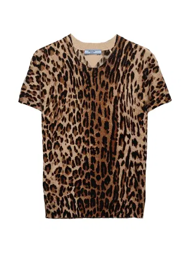 Prada Women's Short-Sleeved Printed Cashmere Sweater - Brown Black - Size 4 | Thumbnail 1 Prada Women's Short-Sleeved Printed Cashmere Sweater - Brown Black - Size 4 | Thumbnail 1