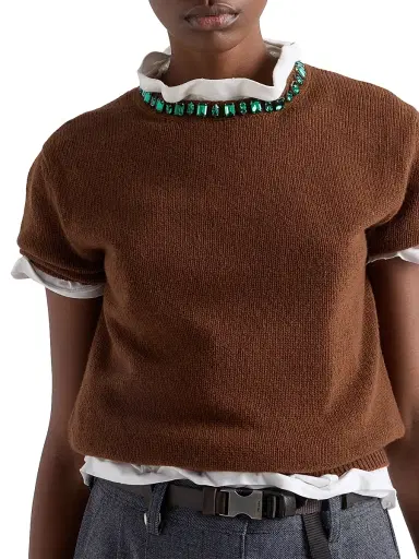 Prada Women's Wool and Cashmere Crew-Neck Sweater - Brown | Thumbnail 4 Prada Women's Wool and Cashmere Crew-Neck Sweater - Brown | Thumbnail 4