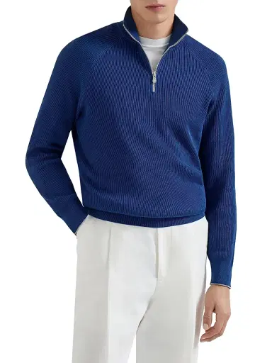 Brunello Cucinelli Men's Cotton English Rib Sweater with Half Zip and Raglan Sleeves - Avio Blue | Thumbnail 2