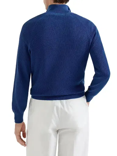 Brunello Cucinelli Men's Cotton English Rib Sweater with Half Zip and Raglan Sleeves - Avio Blue | Thumbnail 3