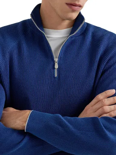 Brunello Cucinelli Men's Cotton English Rib Sweater with Half Zip and Raglan Sleeves - Avio Blue | Thumbnail 4