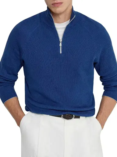 Brunello Cucinelli Men's Cotton English Rib Sweater with Half Zip and Raglan Sleeves - Avio Blue | Thumbnail 5