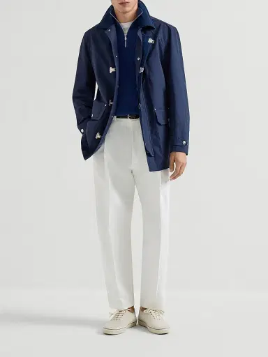 Brunello Cucinelli Men's Cotton English Rib Sweater with Half Zip and Raglan Sleeves - Avio Blue | Thumbnail 6