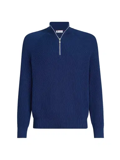 Brunello Cucinelli Men's Cotton English Rib Sweater with Half Zip and Raglan Sleeves - Avio Blue | Thumbnail 1