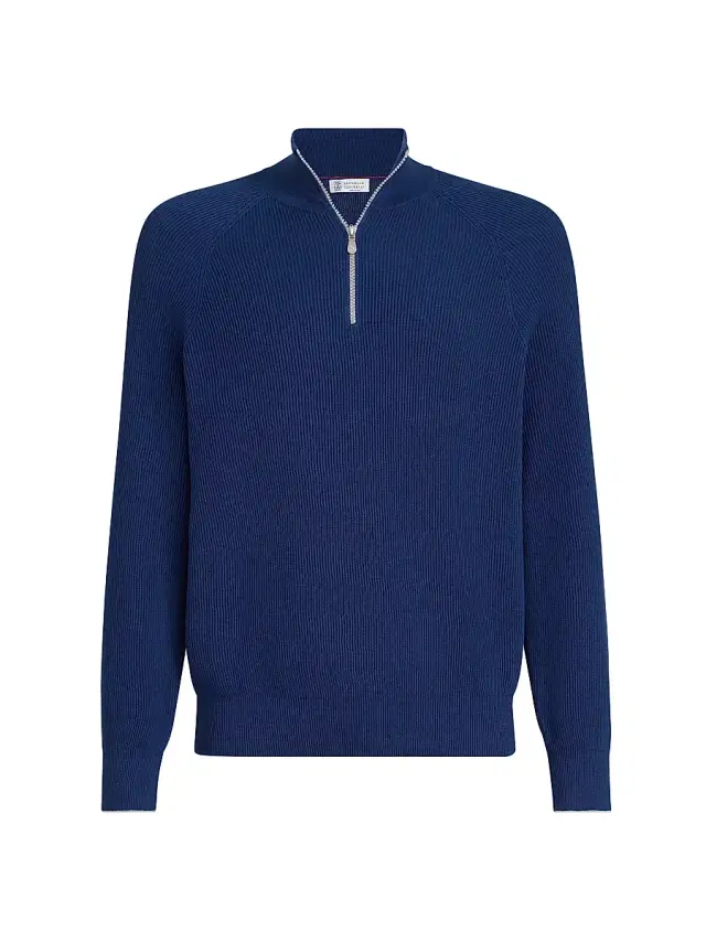 Brunello Cucinelli Men's Cotton English Rib Sweater with Half Zip and Raglan Sleeves - Avio Blue