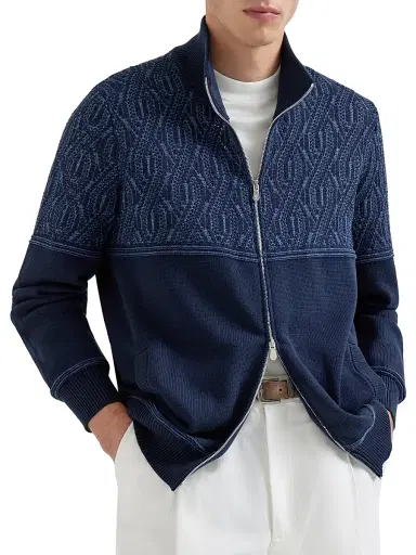 Brunello Cucinelli Men's Cotton Cardigan with Jacquard Cable Shoulder - Navy Blue | Thumbnail 2 Brunello Cucinelli Men's Cotton Cardigan with Jacquard Cable Shoulder - Navy Blue | Thumbnail 2