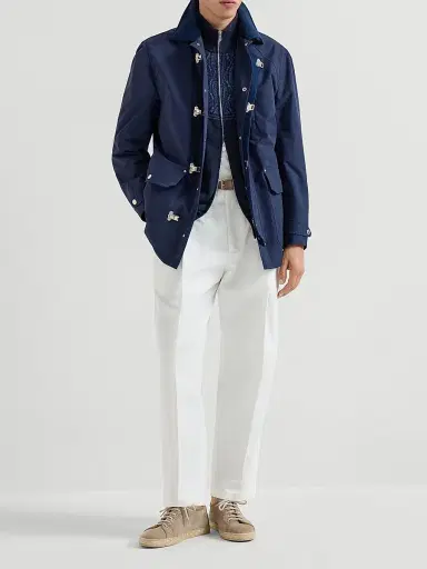 Brunello Cucinelli Men's Cotton Cardigan with Jacquard Cable Shoulder - Navy Blue | Thumbnail 6 Brunello Cucinelli Men's Cotton Cardigan with Jacquard Cable Shoulder - Navy Blue | Thumbnail 6