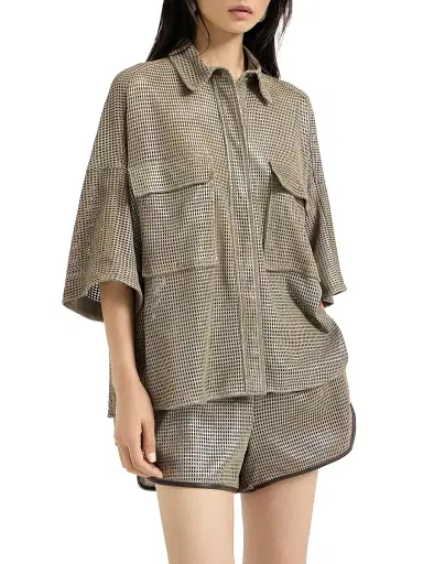 Brunello Cucinelli Women's Sparkling Leather Net Shirt | Thumbnail 2 Brunello Cucinelli Women's Sparkling Leather Net Shirt | Thumbnail 2