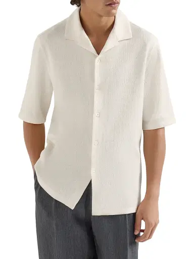Brunello Cucinelli Men's Linen and Cotton Chevron Jersey Short Sleeve Shirt with Camp Collar - Off White | Thumbnail 2