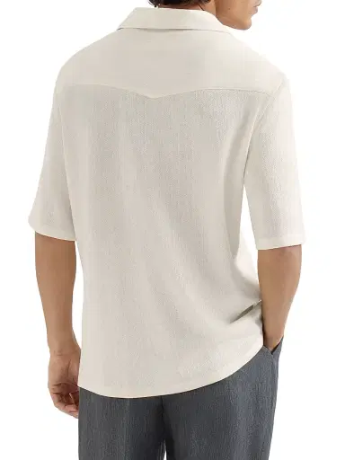 Brunello Cucinelli Men's Linen and Cotton Chevron Jersey Short Sleeve Shirt with Camp Collar - Off White | Thumbnail 3