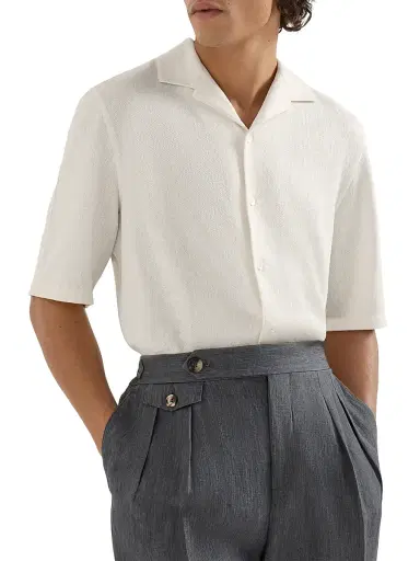 Brunello Cucinelli Men's Linen and Cotton Chevron Jersey Short Sleeve Shirt with Camp Collar - Off White | Thumbnail 4