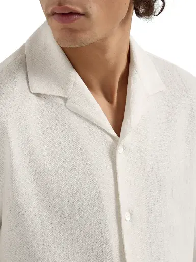 Brunello Cucinelli Men's Linen and Cotton Chevron Jersey Short Sleeve Shirt with Camp Collar - Off White | Thumbnail 5