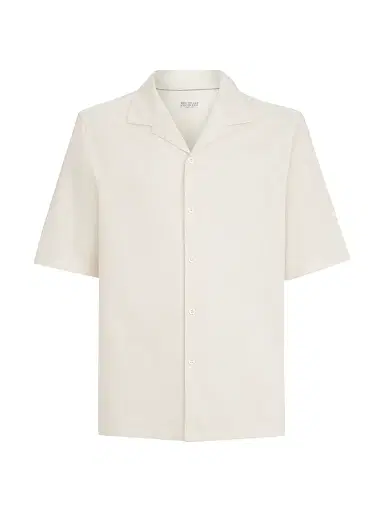 Brunello Cucinelli Men's Linen and Cotton Chevron Jersey Short Sleeve Shirt with Camp Collar - Off White | Thumbnail 1