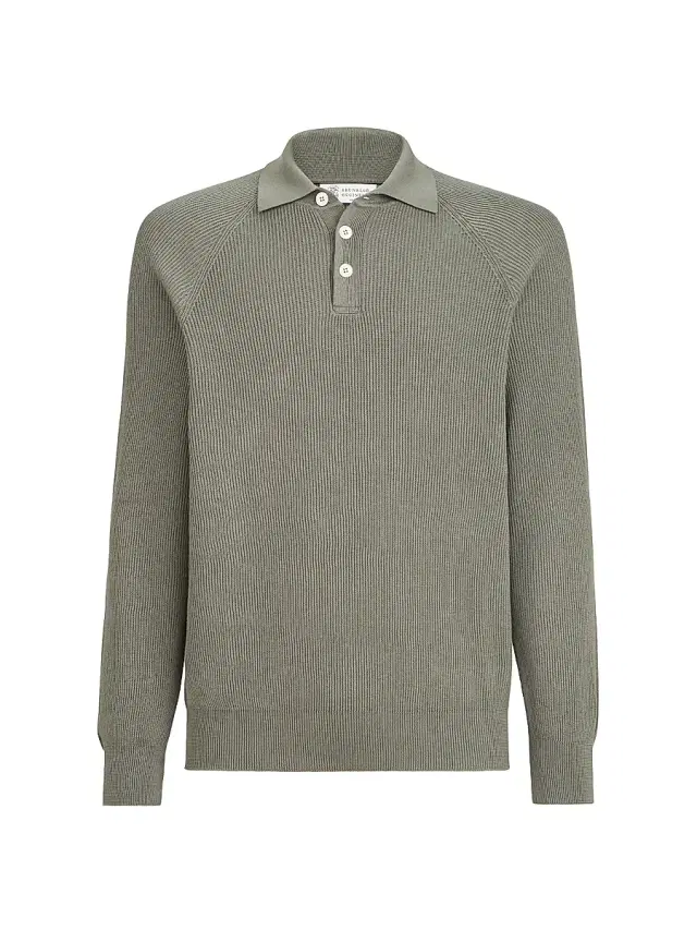 Brunello Cucinelli Men's Cotton English Rib Knit Polo Shirt with Long Raglan Sleeves - Khaki