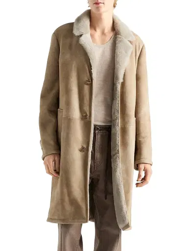Prada Men's Shearling Long Coat - Beige - Size 42 | Thumbnail 2