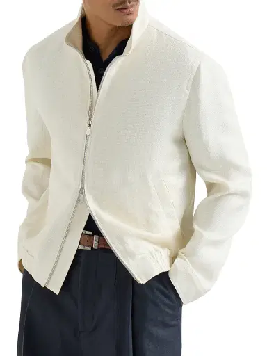 Brunello Cucinelli Men's Silk, Linen and Wool Hopsack Outerwear Jacket with Stand Collar | Thumbnail 2