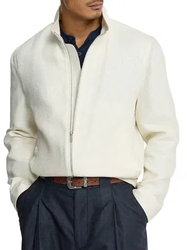 Brunello Cucinelli Men's Silk, Linen and Wool Hopsack Outerwear Jacket with Stand Collar | Thumbnail 5