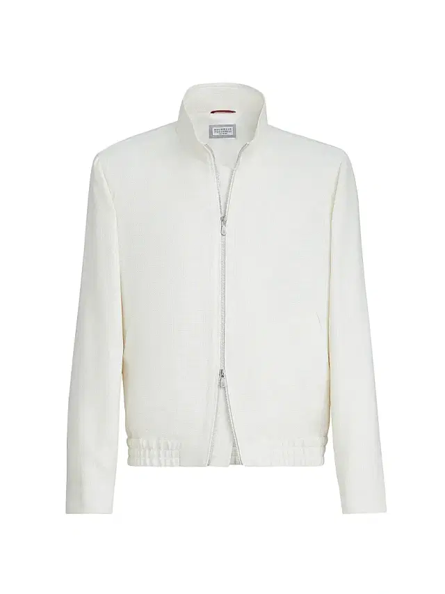 Brunello Cucinelli Men's Silk, Linen and Wool Hopsack Outerwear Jacket with Stand Collar