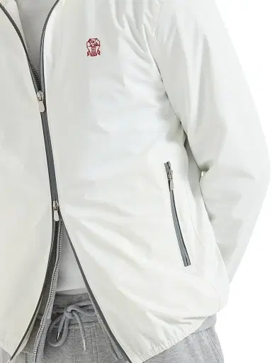 Brunello Cucinelli Men's Bonded Nylon Hooded Outerwear Jacket with Logo - Off White | Thumbnail 4 Brunello Cucinelli Men's Bonded Nylon Hooded Outerwear Jacket with Logo - Off White | Thumbnail 4