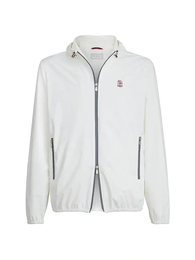 Brunello Cucinelli Men's Bonded Nylon Hooded Outerwear Jacket with Logo - Off White