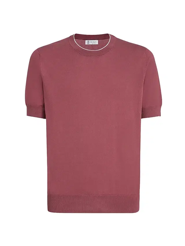 Brunello Cucinelli Men's Cotton Lightweight Knit T-Shirt with Contrast Details - Coral