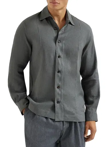 Brunello Cucinelli Men's Linen Easy Fit Shirt with Crête Details | Thumbnail 2 Brunello Cucinelli Men's Linen Easy Fit Shirt with Crête Details | Thumbnail 2