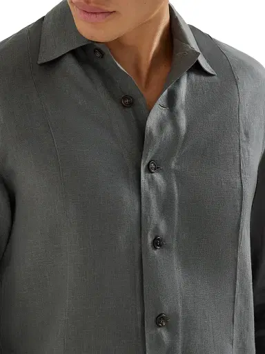 Brunello Cucinelli Men's Linen Easy Fit Shirt with Crête Details | Thumbnail 4 Brunello Cucinelli Men's Linen Easy Fit Shirt with Crête Details | Thumbnail 4