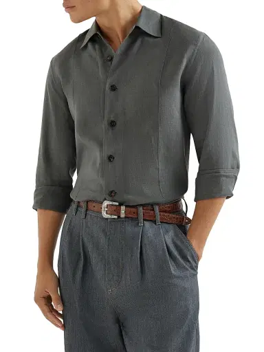 Brunello Cucinelli Men's Linen Easy Fit Shirt with Crête Details | Thumbnail 5 Brunello Cucinelli Men's Linen Easy Fit Shirt with Crête Details | Thumbnail 5
