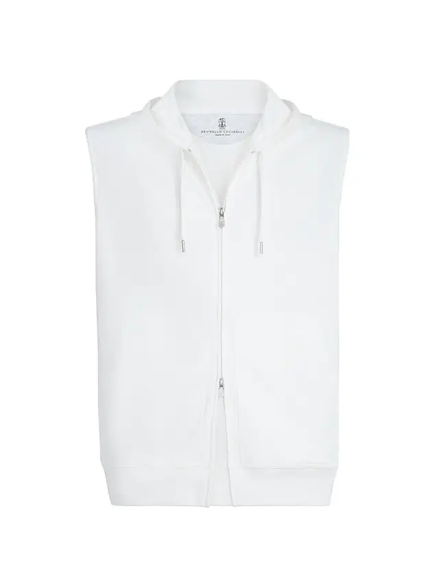Brunello Cucinelli Men's Techno Cotton French Terry Sleeveless Sweatshirt with Zipper and Hood - Off White