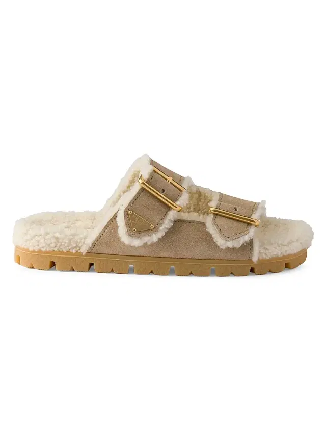 Women's Suede and Shearling Slides - Beige Khaki