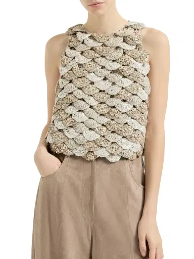 Brunello Cucinelli Women's Handmade Dazzling Shell Opera Knit Top in Jute and Cotton | Thumbnail 2 Brunello Cucinelli Women's Handmade Dazzling Shell Opera Knit Top in Jute and Cotton | Thumbnail 2