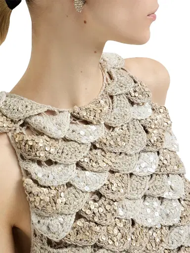 Brunello Cucinelli Women's Handmade Dazzling Shell Opera Knit Top in Jute and Cotton | Thumbnail 4 Brunello Cucinelli Women's Handmade Dazzling Shell Opera Knit Top in Jute and Cotton | Thumbnail 4