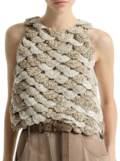 Brunello Cucinelli Women's Handmade Dazzling Shell Opera Knit Top in Jute and Cotton | Thumbnail 5 Brunello Cucinelli Women's Handmade Dazzling Shell Opera Knit Top in Jute and Cotton | Thumbnail 5