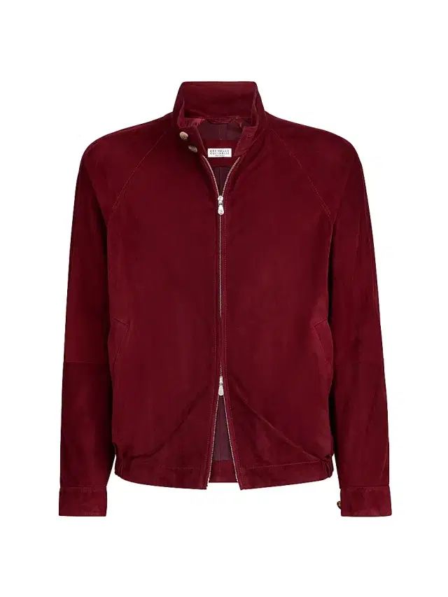 Brunello Cucinelli Men's Suede Unlined Jacket with Stand Collar - Cherry