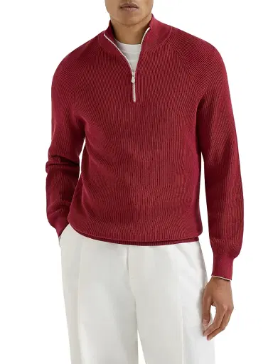 Brunello Cucinelli Men's Cotton English Rib Sweater with Half Zip and Raglan Sleeves - Red - Size 38 | Thumbnail 2 Brunello Cucinelli Men's Cotton English Rib Sweater with Half Zip and Raglan Sleeves - Red - Size 38 | Thumbnail 2
