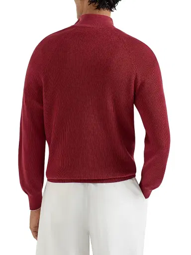 Brunello Cucinelli Men's Cotton English Rib Sweater with Half Zip and Raglan Sleeves - Red - Size 38 | Thumbnail 3 Brunello Cucinelli Men's Cotton English Rib Sweater with Half Zip and Raglan Sleeves - Red - Size 38 | Thumbnail 3