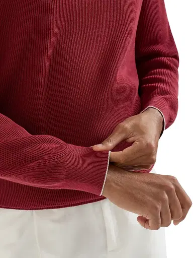 Brunello Cucinelli Men's Cotton English Rib Sweater with Half Zip and Raglan Sleeves - Red - Size 38 | Thumbnail 4 Brunello Cucinelli Men's Cotton English Rib Sweater with Half Zip and Raglan Sleeves - Red - Size 38 | Thumbnail 4