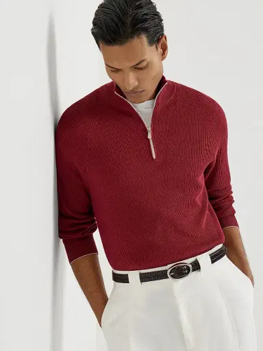 Brunello Cucinelli Men's Cotton English Rib Sweater with Half Zip and Raglan Sleeves - Red - Size 38 | Thumbnail 5 Brunello Cucinelli Men's Cotton English Rib Sweater with Half Zip and Raglan Sleeves - Red - Size 38 | Thumbnail 5