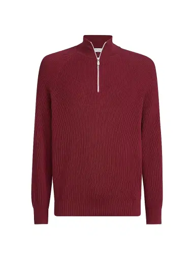 Brunello Cucinelli Men's Cotton English Rib Sweater with Half Zip and Raglan Sleeves - Red - Size 38 | Thumbnail 1 Brunello Cucinelli Men's Cotton English Rib Sweater with Half Zip and Raglan Sleeves - Red - Size 38 | Thumbnail 1