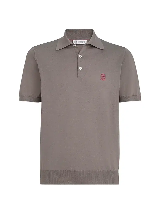 Brunello Cucinelli Men's Cotton Lightweight Knit Polo Shirt with Logo - Hazelnut