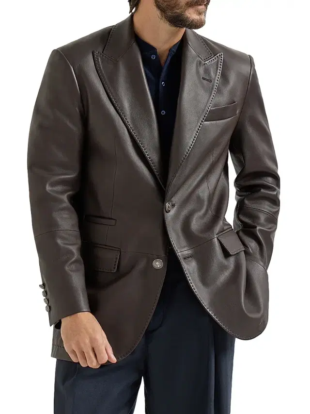 Brunello Cucinelli Men's Matte Calfskin Blazer with Peak Lapels - Chocolate - Size XXL