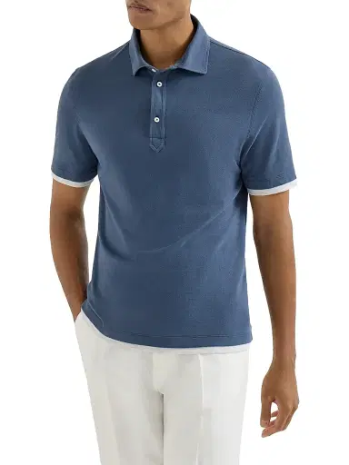 Brunello Cucinelli Men's Cotton Piqué Shirt Style Collar Polo with Faux Layering | Thumbnail 2